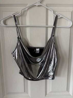 H&M Metallic Silver Cowl Crop Camisole